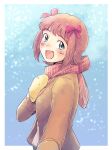  1girl amami_haruka blush bow brown_hair coat gloves green_eyes hair_bow idolmaster idolmaster_(classic) long_sleeves looking_at_viewer mittens open_mouth outstretched_arm plaid_clothes plaid_scarf red_bow scarf short_hair simple_background skirt snow tsubobot yellow_mittens 