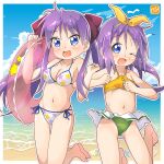  2girls barefoot beach bikini bikini_skirt bird blue_eyes blue_sky breasts cleavage cloud day feet_out_of_frame hair_ribbon halterneck happy_birthday highres hiiragi_kagami hiiragi_tsukasa horizon innertube jumping long_hair lucky_star medium_breasts mismatched_bikini multiple_girls ocean one_eye_closed outdoors purple_hair ribbon seagull short_hair siblings side-tie_bikini_bottom sisters sky star_(symbol) star_print swim_ring swimsuit takecho twins twintails white_bikini 