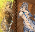 2025 5_fingers abs albtraumwach anthro areola armor athletic athletic_anthro athletic_female bite biting_lip biting_own_lip blue_body blue_eyes blue_fur blue_hair blue_spots bottomwear breasts chest_tuft choker claws cleavage clothed clothing corset countershade_face countershade_fur countershade_torso countershading detailed_background digital_media_(artwork) felid female female_anthro fingers fur genitals grey_body grey_fur grey_hair hair half-closed_eyes hand_above_breast hi_res holding_melee_weapon holding_object holding_sword holding_weapon inner_ear_fluff inside jewelry khajiit leopard_spots lingerie looking_at_viewer lying m&#039;ria_(maks_hunt) mammal melee_weapon microsoft multiple_scenes narrowed_eyes navel necklace nipples on_back outside pantherine pillow plant self_bite shirt signature skirt smile snow_leopard solo spots standing sword tail the_elder_scrolls topwear tree tuft underbust_corset vambrace vulva weapon white_body white_claws white_fur