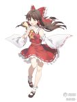  1girl ;d ahoge ascot bare_shoulders between_fingers black_shoes bow brown_eyes brown_hair collared_shirt detached_sleeves frilled_bow frilled_hair_tubes frilled_shirt_collar frilled_skirt frills full_body hair_bow hair_tubes hakurei_reimu highres holding holding_ofuda long_hair looking_at_viewer mary_janes one_eye_closed open_mouth red_bow red_shirt red_skirt ribbon-trimmed_collar ribbon-trimmed_skirt ribbon-trimmed_sleeves ribbon_trim shirt shoes simple_background skirt sleeveless sleeveless_shirt smile socks solo tachi-e touhou white_background white_sleeves white_socks wide_sleeves yellow_ascot youren_ljun 