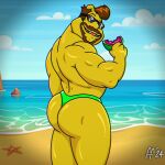 1:1 2024 aged_up anthro arthur_(series) beach big_butt binky_barnes biped brown_facial_hair brown_hair butt canid canine canis chromatic_aberration clothing cloud day digital_drawing_(artwork) digital_media_(artwork) domestic_dog fabfelipe facial_hair food fruit fur green_clothing green_thong green_underwear hair hi_res holding_food holding_fruit holding_melon holding_object holding_watermelon male mammal mastiff melon molosser muscular muscular_anthro muscular_male open_mouth open_smile outside pinup plant pose sand sea sky smile solo thong underwear water watermelon wearing_sunglasses yellow_body yellow_fur