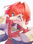  1girl :o ange_katrina ange_katrina_(1st_costume) ayuko_ammobium blue_eyes cardigan coat commentary_request flat_chest gradient_eyes grey_coat hair_intakes hands_up highres long_sleeves looking_at_viewer looking_through_fingers medium_hair multicolored_eyes nijisanji off_shoulder open_mouth pink_eyes red_cardigan red_hair simple_background solo star_(symbol) star_in_eye symbol_in_eye triangle_hands upper_body virtual_youtuber white_background 