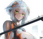  1girl absurdres ahoge artist_name blush bodysuit breasts city colossus_(natsukaze_shigure) covered_nipples giant giantess green_eyes grey_hair hair_between_eyes headgear highres impossible_bodysuit impossible_clothes large_breasts looking_at_viewer natsukaze_shigure open_mouth original science_fiction short_hair solo_focus train white_background white_hair 