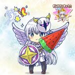  1girl absurdres angel_wings badge black_panties black_pantyhose blue_eyes blush bug butterfly chibi closed_mouth crossover food frilled_skirt frills full_body galacta_knight hand_fan highres holding holding_weapon kirby&#039;s_dream_land kirby_(series) leather_footwear long_hair marihei64ds mask mask_on_head naruse_shiroha panties pantyhose popsicle sailor_collar school_uniform shield shirt simple_background skirt smile solo sparkle standing sticker summer_pockets super_kirby_clash underwear v-shaped_eyebrows very_long_hair watermelon_bar weapon white_hair white_shirt white_skirt wings 
