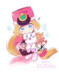  1girl anniversary blonde_hair blue_eyes coat dated hat heart holding holding_stuffed_toy mega_man_(series) mega_man_zx pink_coat pink_hat prairie_(mega_man) robot_ears shako_cap simple_background smile solo stuffed_animal stuffed_cat stuffed_toy teto_(y3832) upper_body white_background 