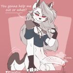 absurd_res anthro balls bedroom_eyes big_penis bodily_fluids bottomless bottomless_anthro bottomless_male canid canid_demon canine clothed clothing crop_top crossgender demon dripping erection femboy fingerless_gloves foreskin ftm_crossgender genital_fluids genitals gloves grey_hair hair handwear hellhound helluva_boss hi_res humanoid_genitalia humanoid_penis long_hair loona_(helluva_boss) male mammal mythological_canine mythological_creature mythology narrowed_eyes penis pentagram_top precum precum_drip red_eyes seductive shirt slim slim_anthro slim_male solo throbbing throbbing_penis tinysmallman topwear