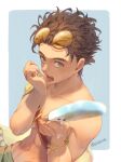  1boy abs bare_pectorals belt border bracelet brown-framed_eyewear brown_hair cape chest_belt claude_von_riegan claude_von_riegan_(summer) collarbone commentary curled_fingers dutch_angle english_commentary eyewear_on_head fingernails fire_emblem fire_emblem:_three_houses fire_emblem_heroes food green_eyes holding holding_food holding_popsicle jewelry licking licking_own_arm looking_to_the_side male_focus melting melting_popsicle natsuyon navel official_alternate_costume outside_border pectorals popsicle round_eyewear sanpaku short_hair short_sideburns side_cape sideways_glance solo summer sweat tinted_eyewear toned toned_male twitter_username wavy_hair white_border yellow-tinted_eyewear yellow_cape 