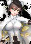  1girl :o bangs black_background black_gloves black_hair blush bodysuit bracelet breasts bun_cover cape chignon cleavage cloud_print commentary_request covered_navel double_bun elbow_gloves eyebrows_visible_through_hair fate/grand_order fate_(series) female fingerless_gloves frills gauntlets gloves green_eyes green_ribbon groin hair_between_eyes hair_ribbon head_tilt highres jewelry large_breasts open_mouth paint_splatter qin_liangyu_(fate) reuri_(tjux4555) ribbon round_teeth serious short_hair sidelocks solo teeth two-tone_background type-moon upper_body upper_teeth v-shaped_eyebrows white_background white_bodysuit white_cape 