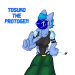 &gt;:) 1:1 anthro appliance belt black_clothing black_panties black_underwear blue_hair bottomwear clothing female gesture green_bottomwear green_clothing green_pants hair hand_gesture hands_on_hips hi_res just172ordinary kitchen_appliance machine oversized_bottomwear oversized_clothing oversized_pants panties pants pawpads paws pose protogen smile smiling_at_viewer smirk smirking_at_viewer solo text toaster tosuko_(just172ordinary) underwear v_sign