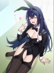  1girl alche_(benruce) animal_ears arm_support ass_visible_through_thighs black_bow black_bowtie black_hair black_leotard black_nails black_suit black_thighhighs blush bow bowtie breasts cleavage closed_eyes commentary_request detached_collar fake_animal_ears full_body groin heart highleg highleg_leotard highres izayoi_arisa large_breasts leotard long_hair long_sleeves nail_polish on_floor open_mouth playboy_bunny rabbit_ears sitting smile solo sono_bisque_doll_wa_koi_wo_suru strapless strapless_leotard suit thighhighs thighs tile_floor tiles traditional_bowtie translation_request tuxedo v 
