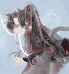  1boy ahoge animal_ears bishounen black_hair black_hanfu blue_background cat_boy cat_ears cat_tail chinese_clothes eyelashes fang from_side grey_eyes hair_ribbon hanfu highres implied_yaoi kemonomimi_mode long_hair long_sleeves looking_to_the_side lying male_focus modao_zushi mouth_hold ojisan_rbt on_stomach ponytail red_ribbon ribbon ribbon_in_mouth robe sash sidelocks sleeves_past_wrists solo tail twitter_username upper_body watermark wei_wuxian white_ribbon wide_sleeves 