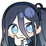  1girl :| animated animated_gif aqua_eyes aqua_necktie aris_(blue_archive) black_jacket blinking blue_archive blue_hair blue_hairband blue_jacket blush_stickers chibi chunye_haruya closed_mouth collared_shirt disembodied_hand dot_nose hair_between_eyes hairband hand_on_own_chin jacket long_bangs long_hair long_hair_between_eyes lowres multicolored_jacket necktie one_side_up open_clothes open_jacket school_uniform second-party_source shirt simple_background solo stroking_own_chin thinking transparent_background upper_body white_jacket white_shirt 