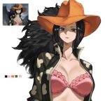  1girl anime_screenshot_inset black_hair black_jacket blue_eyes bra breasts cleavage derivative_work hat highres jacket kasumi_6 large_breasts long_hair nico_robin one_piece open_clothes open_jacket orange_hat pink_bra screenshot_inset screenshot_redraw simple_background solo underwear upper_body white_background 