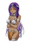  1girl armlet belly_chain bracelet breasts brown_eyes choker cleavage commentary cowboy_shot crossed_arms dark-skinned_female dark_skin dragon_quest dragon_quest_iv earrings forehead_protector gem green_gemstone highres jewelry large_breasts long_hair looking_at_viewer manya_(dq4) metal_bikini navel open_mouth orange_loincloth parted_hair pelvic_curtain purple_hair silver_armlet silver_choker silver_thighlet solo sphere_earrings thighlet white_background wmj_es 