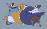 2021 2_toes 4_fingers anklet anthro avian belly belly_smother belly_squish between_bellies big_belly big_hands bird blue_belly blue_body blue_feathers boots bottomless bottomwear breath_of_the_wild brown_bottomwear brown_clothing brown_pants canid canine clothed clothing digital_media_(artwork) falco_lombardi feather_hands feathers feet fingers footwear fox fox_mccloud fully_clothed green_eyes grey_background grey_boots grey_clothing grey_footwear grey_jacket grey_topwear group hand_on_own_belly holding_belly huge_belly hyper hyper_belly inner_ear_fluff jacket jewelry kass_(tloz) male mammal nintendo open_mouth open_smile orange_belly pants red_scarf rito saphiros scarf shoes side_view simple_background smile squish standing star_fox surprise tail tail_feathers talons tan_body the_legend_of_zelda toes tongue topwear trio tuft white_boots white_clothing white_footwear white_scarf yellow_eyes