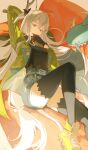  1girl absurdres ahoge apple arknights arm_behind_head black_gloves black_shirt black_thighhighs food fruit gloves green_jacket grey_hair grey_shorts hair_between_eyes highres holding holding_food holding_fruit jacket jewelry konghao long_hair long_sleeves looking_at_viewer low-tied_long_hair necklace official_alternate_costume open_clothes open_jacket red_eyes shirt shorts skadi_(arknights) skadi_(the_next_afternoon_tea)_(arknights) solo stuffed_animal stuffed_toy thighhighs very_long_hair 