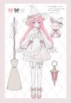  1girl absurdres black_bow blush border borrowed_character bow broom capelet closed_mouth commentary_request commission flat_color frilled_skirt frilled_thigh_strap frills full_body garter_straps grey_bow hair_bun hat hat_bow highres lamp long_hair long_sleeves looking_at_viewer myon_rio original pink_border pink_eyes pink_hair red_bow red_shoes shirt shoes skeb_commission skirt smile solo standing stuffed_animal stuffed_rabbit stuffed_toy thigh_strap thighhighs translation_request white_background white_capelet white_hat white_shirt white_skirt white_thighhighs witch_hat 
