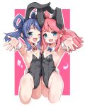  2girls animal_ear_hairband animal_ears aqua_eyes bare_legs black_leotard blue_eyes blue_hair bow bowtie breasts cropped_legs detached_collar fake_animal_ears foreshortening hair_rings hairband highres huyusilver leotard multiple_girls one_eye_closed open_mouth original pantyhose pink_background pink_eyes playboy_bunny purple_bow purple_bowtie rabbit_ears rabbit_tail red_bow red_bowtie small_breasts smile strapless strapless_leotard tail two-tone_background wrist_cuffs 