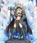  1girl absurdres adapted_costume animal_costume animal_ears animal_hood armor armored_boots atlantis bikini bikini_armor blonde_hair blue_eyes blue_sash blue_streaks boots bracer cape cat_ears cat_girl catfish chainmail commission commissioner_upload crossover doom:_the_dark_ages doom_(series) doom_eternal energy_weapon fantasy fins fish fish_girl fish_tail fur_collar gold gold_halo green_armor halo halo_behind_head happy highres hip_armor holding holding_polearm holding_staff holding_weapon hood huge_weapon loincloth multicolored_hair ocean polearm queen sameko_saba sash science_fiction shark shark_costume shark_girl shark_hood shark_tail sharp_teeth shoulder_armor smile spiked_halo staff substance20 swimsuit tail teeth trident water waves weapon 