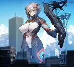  1girl absurdres ahoge aircraft airplane blue_sky bodysuit breasts building cameltoe city closed_mouth cloud colossus_(natsukaze_shigure) covered_navel covered_nipples day giant giantess green_eyes grey_hair gun headgear helicopter hexagon_print highres holding holding_gun holding_weapon impossible_bodysuit impossible_clothes large_breasts magical_girl mecha_musume natsukaze_shigure original outdoors science_fiction short_hair skin_tight sky skyscraper solo standing variant_set weapon 