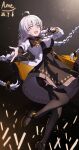  1girl absurdres ahoge amely_elden black_dress black_gloves black_pantyhose black_shoes braid breasts commentary concert cross_tie dated dress gloves glowstick hair_ornament hair_tubes highres jacket kizuna_akari long_hair long_sleeves looking_at_viewer mary_janes medium_breasts microphone open_clothes open_jacket open_mouth outstretched_arm pantyhose partially_fingerless_gloves penlight_(glowstick) pink_eyes reaching reaching_towards_viewer shoes signature smile solo twin_braids very_long_hair vocaloid voiceroid white_hair white_jacket 
