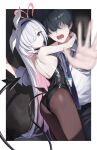  1boy 1girl absurdres alternate_costume arms_around_neck ass black_hair black_hairband black_leotard black_pantyhose blue_archive blue_necktie blush breasts closed_mouth collared_shirt colored_inner_hair commentary grey_eyes hair_over_one_eye hairband halo highres id_card leotard long_hair looking_at_viewer multicolored_hair necktie okkimon open_mouth outdoors pantyhose pink_hair plana_(blue_archive) red_halo sensei_(blue_archive) shirt small_breasts strapless strapless_leotard tail teeth upper_teeth_only very_long_hair white_hair white_shirt 