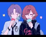  2girls ahoge asakura_toru black_necktie black_sweater blue_hair bracelet breast_pocket brown_hair closed_eyes closed_mouth commentary_request earphones food gradient_hair hair_between_eyes hair_ornament hairclip higuchi_madoka holding holding_food holding_ice_cream ice_cream idolmaster idolmaster_shiny_colors jewelry letterboxed mole mole_under_eye multicolored_hair multiple_girls necktie parted_bangs pocket purple_eyes raychelsoo shared_earphones shirt short_hair sweater white_shirt 