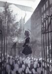  1girl absurdres apron bird black_dress breasts bucket building commentary commission crow dress flower from_side gate grey_hair grey_theme halo highres holding holding_bucket juliet_sleeves kneehighs long_hair long_sleeves maid maid_apron maid_headdress original outdoors profile puffy_sleeves railing skeb_commission socks solo standing statue tree twitter_username white_apron white_socks yuzu_(yuzusuke10) 