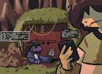 anthro black_hair bodily_fluids brown_hair bunker clothed clothing deltarune dialogue digging dirt door dragon duo english_text female forest forest_background frown grass hair hole_(pit) human kris_(deltarune) locked_door long_hair mammal monster mythological_creature mythological_scalie mythology nature nature_background nonbinary_(lore) offscreen_character outside plant purple_body purple_scales reality_ensues rouughnix scales scalie sharp_teeth shovel speech_bubble sweat teeth text tools tree uhoh undertale_(series) vines