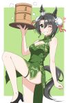  1girl ;) absurdres abyss_kpn_(ki) alternate_hairstyle animal_ears bare_shoulders black_hair border breasts china_dress chinese_clothes cleavage cleavage_cutout clothing_cutout crown double_bun dress ear_ornament ear_through_crown green_background green_dress green_eyes hair_between_eyes hair_bun high_heels highres holding holding_tray horse_ears horse_girl leg_up looking_at_viewer medium_breasts mini_crown multicolored_hair one_eye_closed pelvic_curtain satono_crown_(umamusume) simple_background sleeveless sleeveless_dress smile solo streaked_hair tray umamusume white_border white_hair 