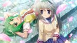  2girls artist_request black_hairband blue_eyes blue_skirt breasts brown_jacket clannad crossover game_cg green_eyes green_hair grey_hair hairband highres higurashi_no_naku_koro_ni higurashi_no_naku_koro_ni_mei hikarizaka_private_high_school_uniform jacket long_hair long_sleeves looking_at_another lying multiple_girls non-web_source official_art on_back open_mouth pink_petals red_skirt sakagami_tomoyo school_uniform shirt sitting skirt smile sonozaki_mion sparkle stairs stone_stairs vest white_shirt yellow_vest 