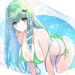  1girl absurdres alternate_costume bikini blue_hair breasts cleavage closed_mouth collarbone commentary_request frog_hair_ornament gradient_hair green_bikini green_eyes green_hair hair_ornament hair_tubes halterneck highres huge_breasts kochiya_sanae leaning_forward long_hair looking_at_viewer multicolored_hair side-tie_bikini_bottom single_hair_tube smile snake_hair_ornament solo string_bikini swimsuit tomo_(uguisu-tei) touhou very_long_hair 