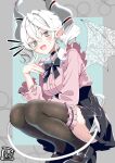  1girl absurdres black_skirt black_thighhighs blue_background border breasts demon_girl demon_horns demon_tail demon_wings drill_hair duel_monster earrings full_body grey_border grey_eyes high-waist_skirt high_heels highres horns jewelry large_breasts lovely_labrynth_of_the_silver_castle pink_shirt pleated_skirt pointy_ears shirt simple_background skirt solo tail tama_amata thighhighs thighs transparent_wings twin_drills white_hair white_tail white_wings wings yu-gi-oh! 