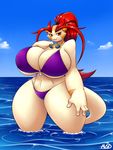  averyshadydolphin big_breasts big_butt breasts butt clothing dragon eyewear female glasses looking_at_viewer sea sokajou solo swimsuit thick_thighs water wide_hips 