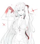  1girl arms_up bare_shoulders belly_chain breasts cleavage colored_skin commentary durga_(fate) durga_(first_ascension)_(fate) earrings fate/grand_order fate_(series) finanshe gradient_skin hair_ribbon highres indian indian_clothes jewelry large_breasts long_hair looking_at_viewer monochrome navel panties parted_lips partially_colored red_eyes red_skin revealing_clothes ribbon shadow solo stomach underwear very_long_hair white_background white_panties 