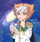  1boy :p amanogawa_ginga brown_eyes brown_hair commentary donut english_text epaulettes food food_on_face food_wrapper galaxy green_trim hair_between_eyes hand_on_own_chin hands_up high_collar holding holding_donut holding_food jacket jinzou_konchuu_kabutoborg_vxv kuroda_(kuro_yyy) looking_up male_focus short_hair solo space standing star_(sky) symbol-only_commentary tongue tongue_out upper_body white_hair white_jacket 