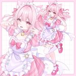  1girl :3 :d ahoge animal_ear_fluff animal_ears animal_print apron asymmetrical_legwear back_bow bell belt_buckle belt_collar blush border bow bow_apron bow_legwear buckle cat_ears cat_ornament cat_print center-flap_bangs choker cocoa_moca collar commission double-parted_bangs double_v dress fingernails floating_hair frilled_apron frilled_dress frilled_socks frills full_body grid_background hair_bow hair_intakes hands_up heart heart_apron heart_in_eye highres indie_virtual_youtuber leg_up long_hair looking_at_viewer maid_apron maid_headdress mary_janes multiple_hair_bows nail_polish neck_bell otoufu_tea pink_border pink_bow pink_choker pink_dress pink_eyes pink_hair pink_nails pink_shoes plaid_clothes plaid_dress puffy_short_sleeves puffy_sleeves shoes short_dress short_sleeves sidelocks skindentation smile socks square_neckline standing standing_on_one_leg symbol_in_eye thighhighs v virtual_youtuber white_apron white_bow white_socks zoom_layer 