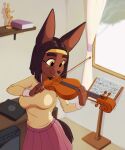 5:6 absurd_res anthro b0liy0 book bottomwear bowed_string_instrument canid canine canis clothing computer dark_body dark_hair dark_skin electronics female hi_res jackal kerchief laptop long_ears mammal music_sheet musical_instrument nubia_(b0liy0) pink_bottomwear pink_clothing pink_skirt playing_music skirt solo string_instrument sweater topwear violin yellow_clothing yellow_eyes yellow_sweater yellow_topwear