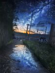  absurdres banishment blue_sky building cloud commentary_request dirt_road evening grass highres house lamppost landscape meteor milky_way mountainous_horizon night no_humans original outdoors puddle reflection reflective_water revision road scenery signature sky star_(sky) starry_sky summer sunset traffic_light 