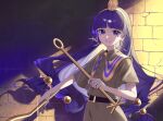  1girl belt black_belt brick_wall brown_shirt buttons capelet collared_shirt earrings facial_mark fingernails gold_hairband hair_ornament hairband hand_up headpiece highres hime_cut holding holding_polearm holding_weapon jewelry key_earrings ko_gyoku long_hair looking_at_viewer low-tied_long_hair michigami_nareko polearm purple_eyes purple_hair shadow shirt short_sleeves smile solo sparkle striped_capelet teeth touhou triangle triangle_facial_mark wavy_hair weapon yellow_capelet 