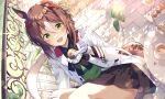  1girl :d animal_ears black_skirt blush brown_hair cake chair commentary cup fine_motion_(umamusume) food gloves green_eyes hair_between_eyes horse_ears horse_girl jacket looking_at_viewer multicolored_hair murasaki_himuro on_chair open_mouth short_hair sitting skirt smile solo streaked_hair tea teacup umamusume white_background white_gloves white_hair white_jacket 