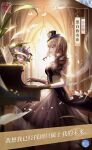  1girl arch black-white_encounter_(shining_nikki) black_dress black_gloves black_hat blue_eyes blurry blurry_foreground breasts brown_hair chair chinese_text copyright_name day dress english_commentary flower gloves hat highres indoors instrument light_particles lips logo lolory_(shining_nikki) long_hair medium_breasts music musical_note nikki_(series) official_art open_mouth petals piano playing_instrument playing_piano sheet_music shining_nikki smile solo sunlight third-party_source timestamp translation_request 