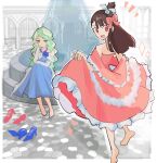  2girls :d barefoot blue_dress blurry blurry_background bow brown_hair chya_dan_go12 day diana_cavendish dress elbow_gloves evening_gown frilled_dress frills full_body gloves green_hair grey_gloves hair_bow head_rest highres jewelry kagari_atsuko little_witch_academia looking_at_another looking_at_viewer looking_back multicolored_hair multiple_girls necklace one_side_up outdoors pink_bow pink_dress red_eyes shoes sitting sketch skirt_hold smile standing standing_on_one_leg two-tone_hair unworn_shoes white_hair 