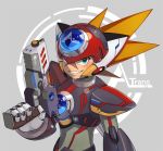  android axl brown_hair capcom green_eyes grey_background gun helmet holding holding_gun holding_weapon male_focus rockman rockman_x scar smile solo spiked_hair tentokki weapon 