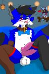 absurd_res anthro balls blush bodily_fluids canid canine canis erection fox genital_fluids genitals hi_res hybrid kyahkotanameshi_(artist) kyahkotanameshi_(character) leaking_precum male mammal multi_genitalia multi_penis multi_tail penis precum saggy_balls solo sweet_tooth_(artimuss) tail wolf