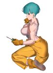  1girl absurdres bare_shoulders breasts bulma cleavage dragon_ball dragon_ball_z earrings full_body green_eyes green_hair highres holding holding_screwdriver hoop_earrings jacket jewelry large_breasts pants screwdriver short_hair solo tank_top tied_jacket white_tank_top yellow_jacket yellow_pants zequung 