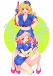  2girls blonde_hair blue_gloves blue_skirt blush bracelet breasts filter-goshi_no_kanojo fingerless_gloves gloves green_background hands_up hat highres jewelry kagurazaka_minami koto_mitsuha large_breasts long_hair looking_at_viewer multiple_girls navel official_art on_one_knee one_eye_closed oomsz open_mouth panties pink_eyes pink_hair pink_slippers police police_hat police_uniform purple_eyes short_hair simple_background skirt slippers smile toy_gun underwear very_long_hair white_background white_panties 