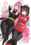 absurdres black_bow bodysuit bow breasts brown_hair cycloneactionx double_bun earrings gozyuunicorn hair_bun highres hoop_earrings ichikawa_oto ichikawa_sumino jewelry long_hair medium_breasts multicolored_hair no.1_sentai_gozyuger pink_hair purple_eyes red_bodysuit red_eyes red_hair samurai_sentai_shinkenger shinken_red siblings sisters streaked_hair super_sentai tokusatsu two-tone_hair v 