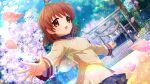  1girl antenna_hair artist_request blue_skirt brown_eyes brown_hair brown_jacket cherry_blossoms clannad crossover furukawa_nagisa game_cg highres higurashi_no_naku_koro_ni higurashi_no_naku_koro_ni_mei hikarizaka_private_high_school_uniform jacket long_sleeves medium_hair non-web_source official_art open_mouth outdoors petals pink_petals school_uniform skirt smile solo sparkle sunlight torii 