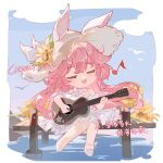  1girl animal_ears blue_sky blush border bow bowtie braid closed_eyes commission dock dress ears_through_headwear flower full_body guitar hat hat_flower hat_ribbon highres holding holding_guitar holding_instrument honkai_(series) honkai_impact_3rd instrument jewelry lixiang_guo_alice long_hair messy_hair music musical_note open_mouth pink_hair playing_guitar playing_instrument rabbit_ears ribbon ring shoes single_braid sitting sky solo straw_hat sunflower white_bow white_bowtie white_dress white_ribbon white_shoes yae_sakura 